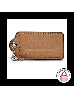 RARE 3" XL COACH Saddle Brown Leather Nickel Key Fob Bag Charm Keychain Hang Tag